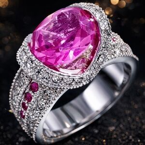 Pink Tourmaline sapphire Cz Tension Pave Set Cocktail solitaire statement Ring